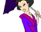 Desenho Geisha com chapéu de chuva pintado por nathiele