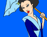 Desenho Geisha com chapéu de chuva pintado por Nídia