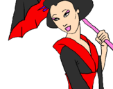Desenho Geisha com chapéu de chuva pintado por Ranan