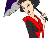 Desenho Geisha com chapéu de chuva pintado por Ameliana