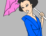 Desenho Geisha com chapéu de chuva pintado por kauã
