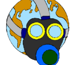 Desenho Terra com máscara de gás pintado por Gabriel Alheio