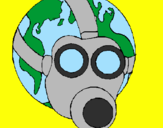 Desenho Terra com máscara de gás pintado por Eduardo