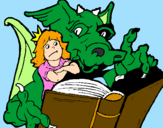 Desenho Dragão, menina e livro pintado por Lalapou