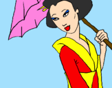 Desenho Geisha com chapéu de chuva pintado por Patricia
