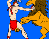Desenho Gladiador contra leão pintado por mano 