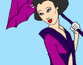 Desenho Geisha com chapéu de chuva pintado por vitoria