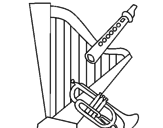 Desenho Harpa, flauta e trompeta pintado por Déby