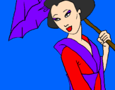 Desenho Geisha com chapéu de chuva pintado por rayane