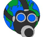 Desenho Terra com máscara de gás pintado por Luana Vitor Valadão