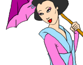 Desenho Geisha com chapéu de chuva pintado por miss cat*