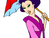 Desenho Geisha com chapéu de chuva pintado por Isabella