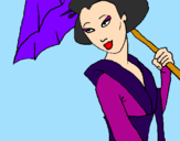 Desenho Geisha com chapéu de chuva pintado por mulan