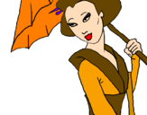 Desenho Geisha com chapéu de chuva pintado por julia