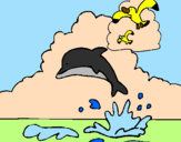 Desenho Golfinho e gaviota pintado por miguel