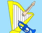 Desenho Harpa, flauta e trompeta pintado por Gabriela