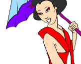 Desenho Geisha com chapéu de chuva pintado por Natalia