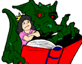 Desenho Dragão, menina e livro pintado por mano 