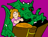 Desenho Dragão, menina e livro pintado por Bera