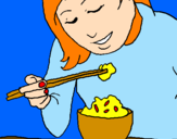 Desenho A comer arroz pintado por Mari
