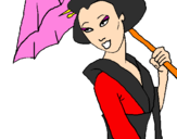 Desenho Geisha com chapéu de chuva pintado por gui