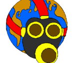 Desenho Terra com máscara de gás pintado por João