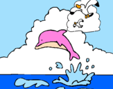 Desenho Golfinho e gaviota pintado por maria eduarda
