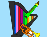 Desenho Harpa, flauta e trompeta pintado por nadia