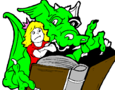 Desenho Dragão, menina e livro pintado por sophia 