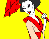 Desenho Geisha com chapéu de chuva pintado por Luane