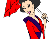 Desenho Geisha com chapéu de chuva pintado por gabriella