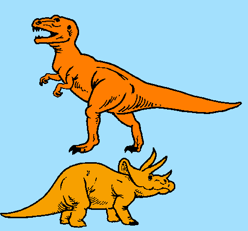Desenho Tricerátopo e tiranossauro rex pintado por dinossauros