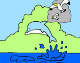 Desenho Golfinho e gaviota pintado por mariana 4ºano