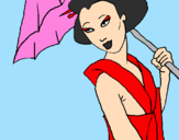 Desenho Geisha com chapéu de chuva pintado por alfa