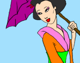 Desenho Geisha com chapéu de chuva pintado por Carolaynne