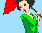 Desenho Geisha com chapéu de chuva pintado por Amanda