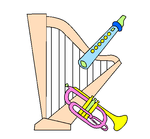 Desenho Harpa, flauta e trompeta pintado por Júlia Nunes Rocha