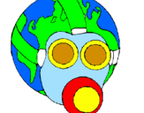 Desenho Terra com máscara de gás pintado por gabriela