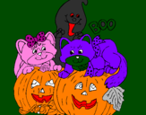Desenho Halloween pintado por gatos aboburas