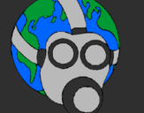 Desenho Terra com máscara de gás pintado por raquel