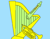 Desenho Harpa, flauta e trompeta pintado por amanda