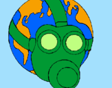 Desenho Terra com máscara de gás pintado por planeta