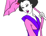 Desenho Geisha com chapéu de chuva pintado por taciana 