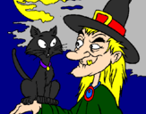 Desenho Bruxa e gato pintado por vamp
