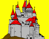 Desenho Castelo medieval pintado por dragão voador