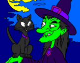Desenho Bruxa e gato pintado por fernanda