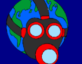 Desenho Terra com máscara de gás pintado por Gabi