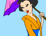 Desenho Geisha com chapéu de chuva pintado por renatha barbosa