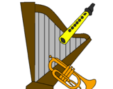 Desenho Harpa, flauta e trompeta pintado por silvana