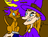 Desenho Bruxa e gato pintado por bruxa